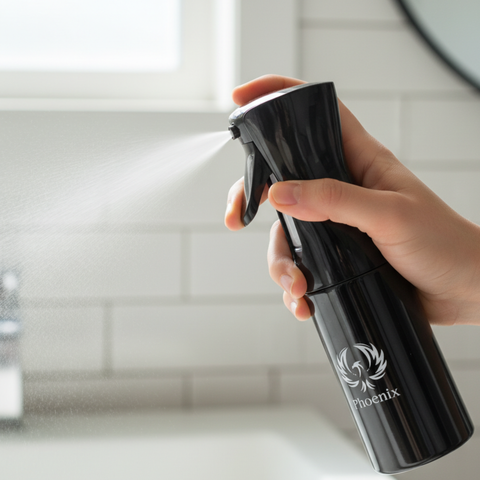 Phoenix Hair Products Mist Spray Bottle 200 ml in gebruik voor het gelijkmatig bevochtigen van het haar met een ultrafijne nevel