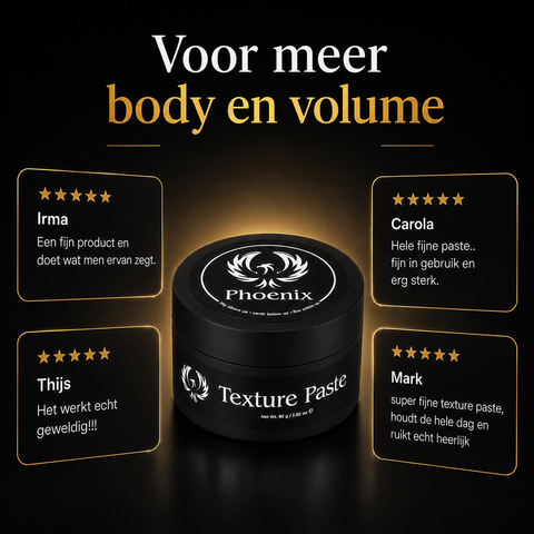 Phoenix Texture Paste met luxe verpakking en reviews. Geeft meer body, volume, een matte finish en een sterke hold.