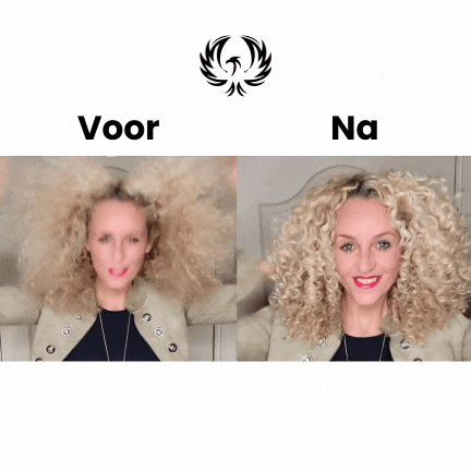 Voor en na gebruik van de Phoenix Hair Products Curl Foam met zichtbaar beter gedefinieerde, vollere en minder pluizige krullen.