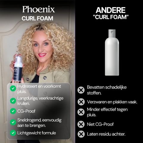 Vergelijking van de Phoenix Hair Products Curl Foam met een standaard curl foam, met focus op pluisvrije krullen, lichte formule, CG-proof eigenschappen en langdurige kruldefinitie.
