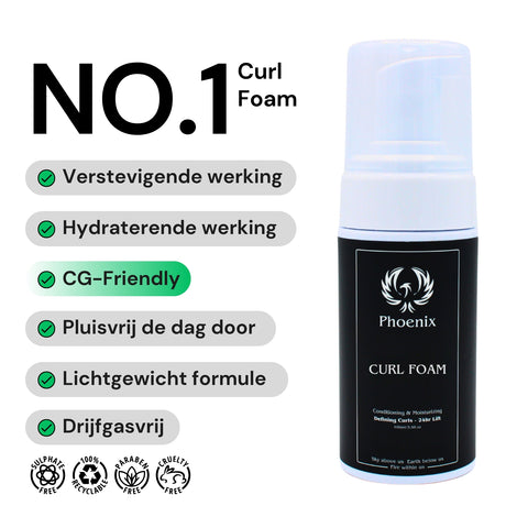 Phoenix Hair Products Curl Foam voor langdurige kruldefinitie, minder pluis, natuurlijke fixatie en een lichte hold zonder het haar te verzwaren.