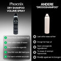 Vergelijking van de Phoenix Hair Products Dry Shampoo Volume Spray met een standaard droogshampoo, met focus op direct fris haar, meer volume, voedende arganolie en een formule zonder witte waas.