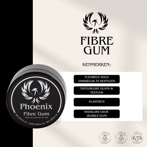 Phoenix Hair Products Fibre Gum met flexibele hold, natuurlijke glans, extra textuur en elastische vezels. Eenvoudig te restylen en voorzien van een heerlijke bubblegumgeur.