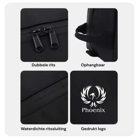 Details van de Phoenix Hair Products toilettas met dubbele waterbestendige ritssluiting, ophanglus en duurzaam ontwerp van waterafstotend PU-leer