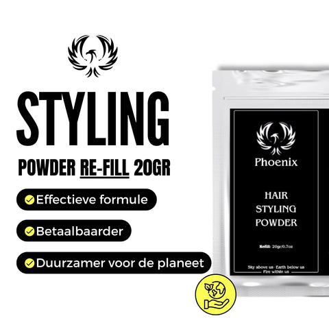 Phoenix Hair Products Hair Styling Powder navulling met sterke hold, langdurig volume, matte finish en eenvoudig navullen van de Hair Styling Powder Applicator.