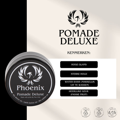 Overzicht van de belangrijkste kenmerken van Phoenix Pomade Deluxe: hoge glans, sterke hold, waterbasis voor eenvoudig uitwassen en een frisse passievruchtgeur.