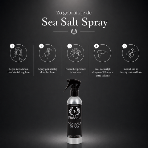 Stapsgewijze gebruiksaanwijzing van de Phoenix Hair Products Sea Salt Spray voor het creëren van meer volume, natuurlijke textuur en een beach look.