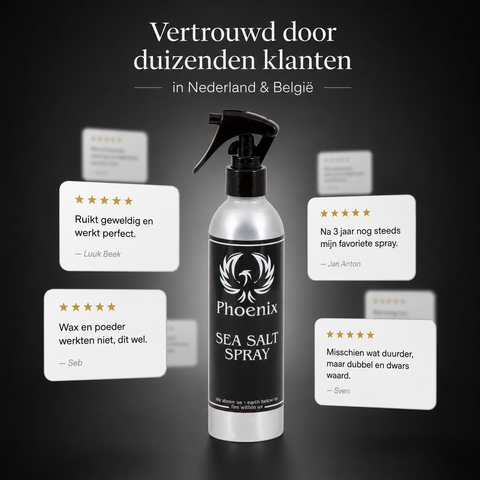 Phoenix Hair Products Sea Salt Spray 250 ml met positieve klantreviews over meer textuur, volume, natuurlijke beach look en langdurige resultaten.