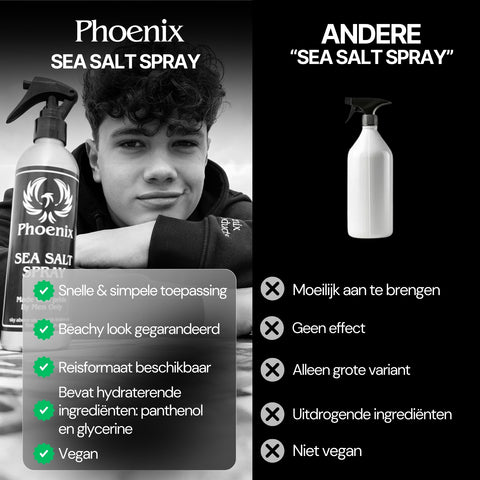 Vergelijking van de Phoenix Hair Products Sea Salt Spray met een standaard sea salt spray, met focus op natuurlijke beach texture, eenvoudige applicatie, hydraterende ingrediënten en een vegan formule.