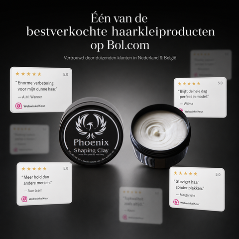 Phoenix Hair Products Shaping Clay met positieve klantreviews over sterke hold, matte finish, meer textuur en langdurige styling zonder te plakken.