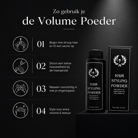 Stapsgewijze gebruiksaanwijzing van de Phoenix Hair Products Hair Styling Powder volume poeder voor het creëren van meer volume, textuur en een natuurlijke matte finish.