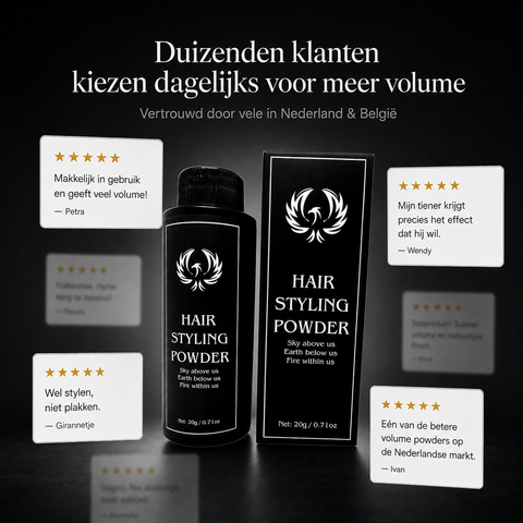 Phoenix Hair Products Hair Styling Powder volume poeder met positieve klantreviews over meer volume, sterke hold, natuurlijke matte finish en eenvoudig stylen.