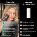 Vergelijking van de Phoenix Hair Products Hair Styling Powder volume poeder met een standaard volume poeder, met focus op direct volume, textuur, eenvoudige applicatie en een formule zonder zichtbare resten.